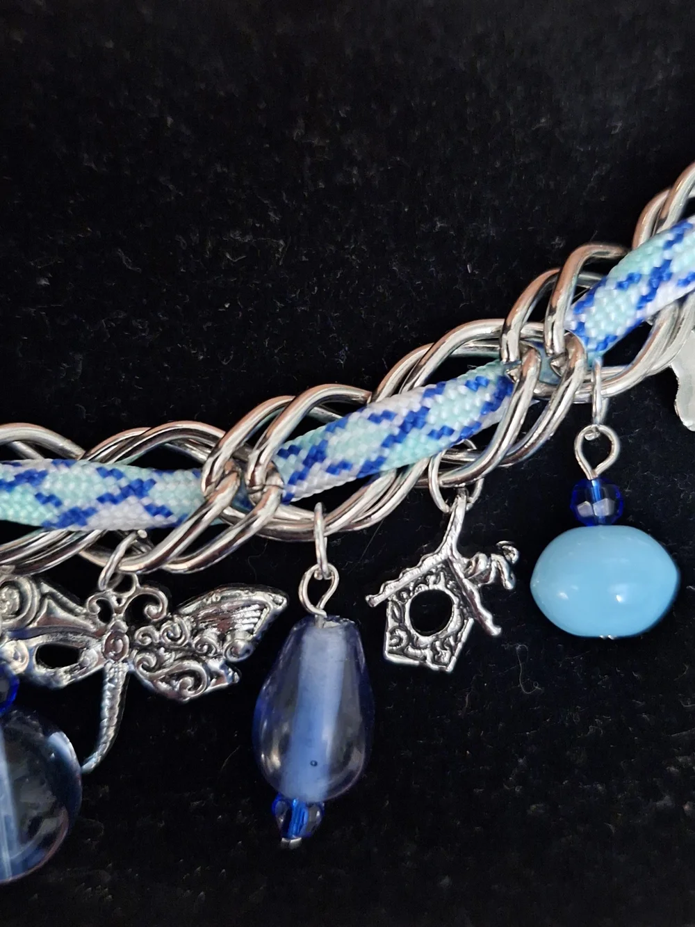 Silver Chain Charm Bracelet with Blue Glass Beads